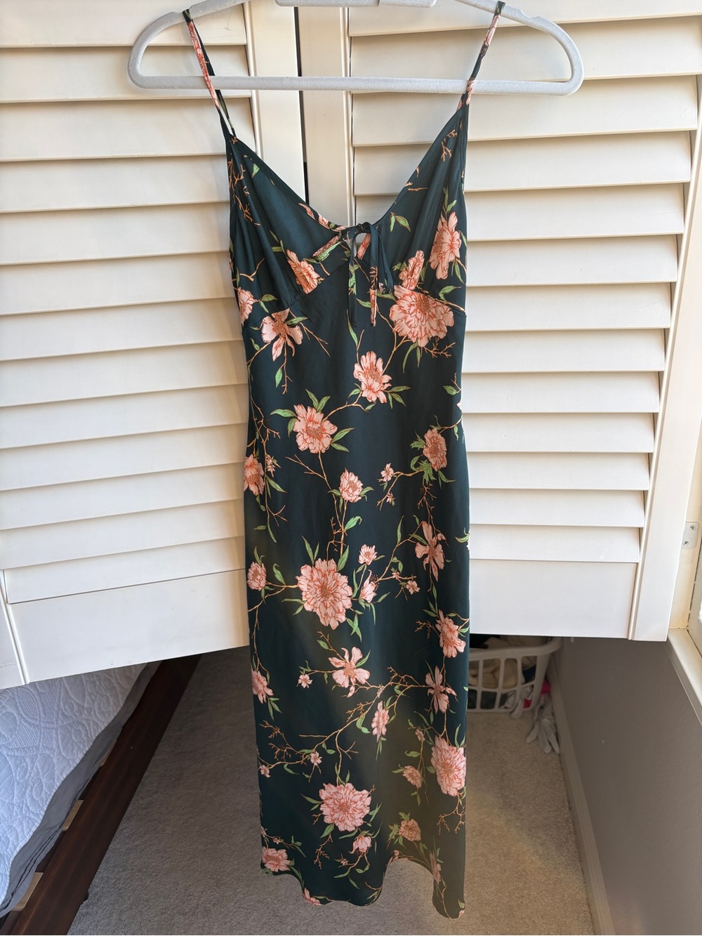 Urban Outfitters Dark Green Slip Dress with Pink Floral Print